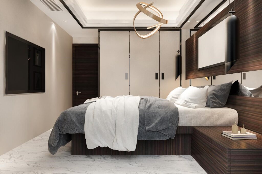 A Modern bedroom featuring shaker-style wardrobes
