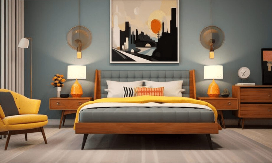 A Modern mid-century bedroom with orange accents
