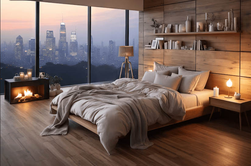 Cosy comfort bedroom with skyline view at sunset