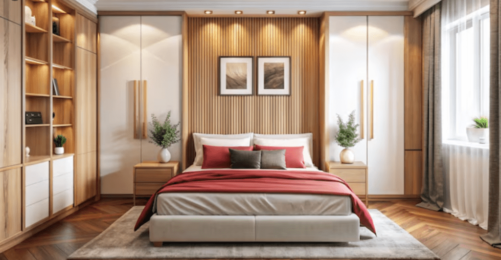 Modern bedroom with wooden slat wall panelling