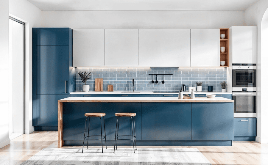 Modern blue and white kitchen with island