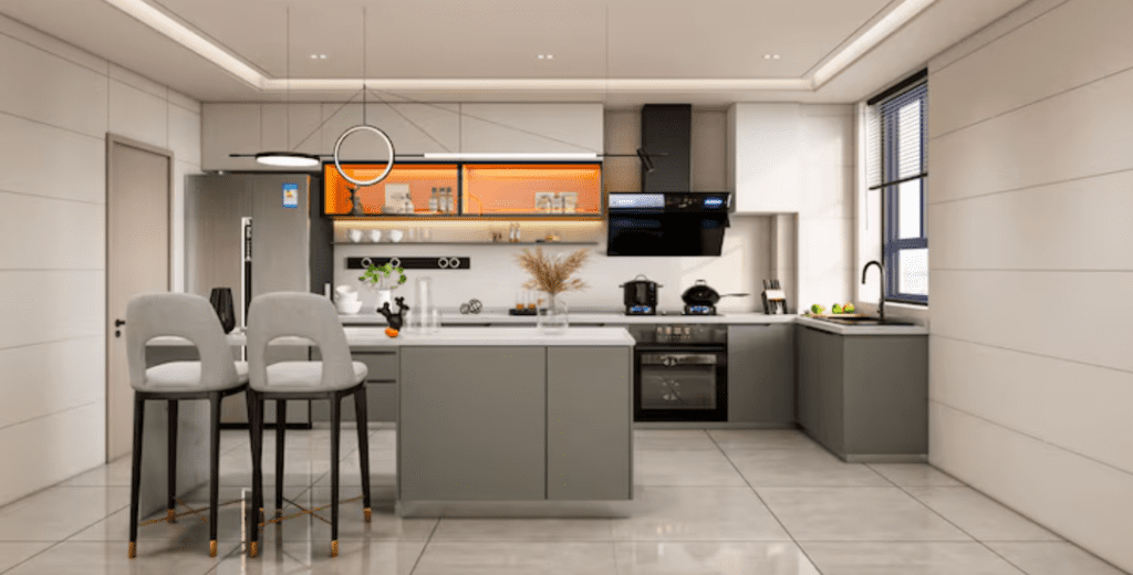 Modern kitchen with sleek cabinetry and lighting