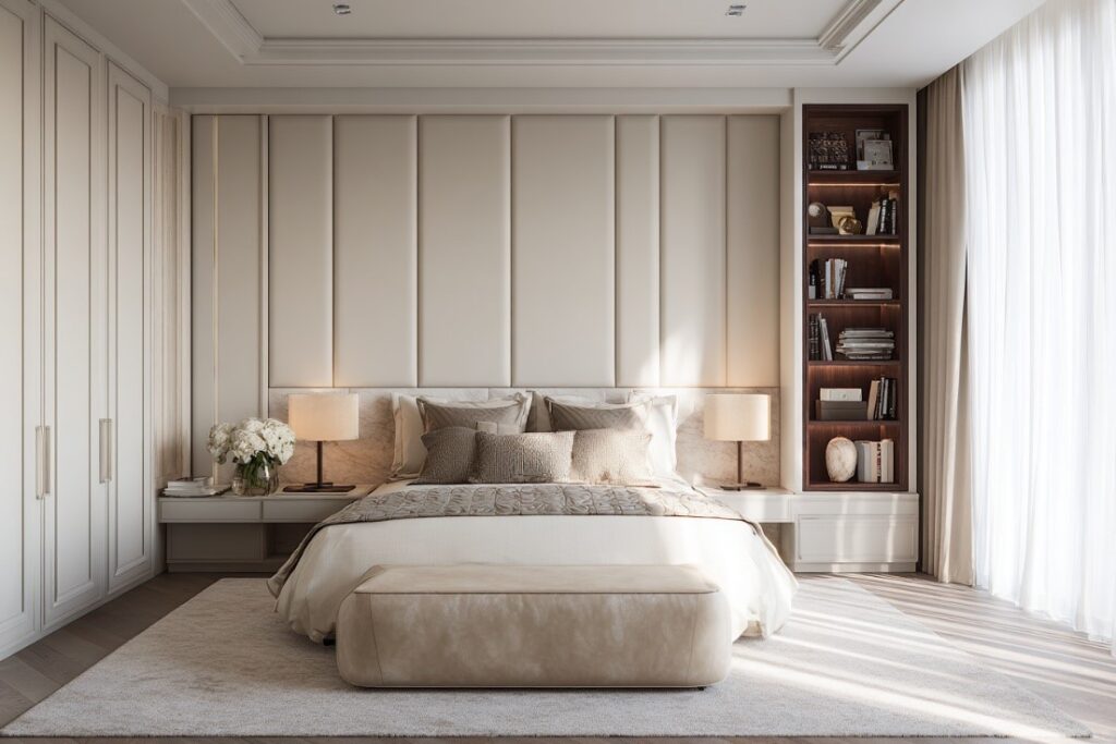 Modern UK bedroom with luxury furniture, neutral tones and storage solutions