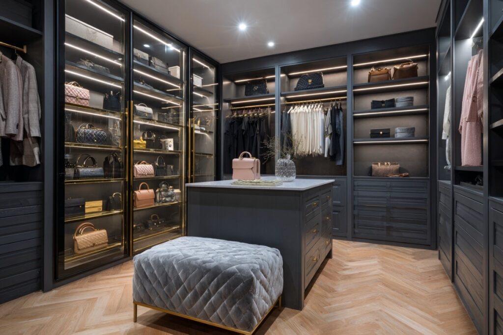 Modern fitted wardrobe interior with organized storage shelves